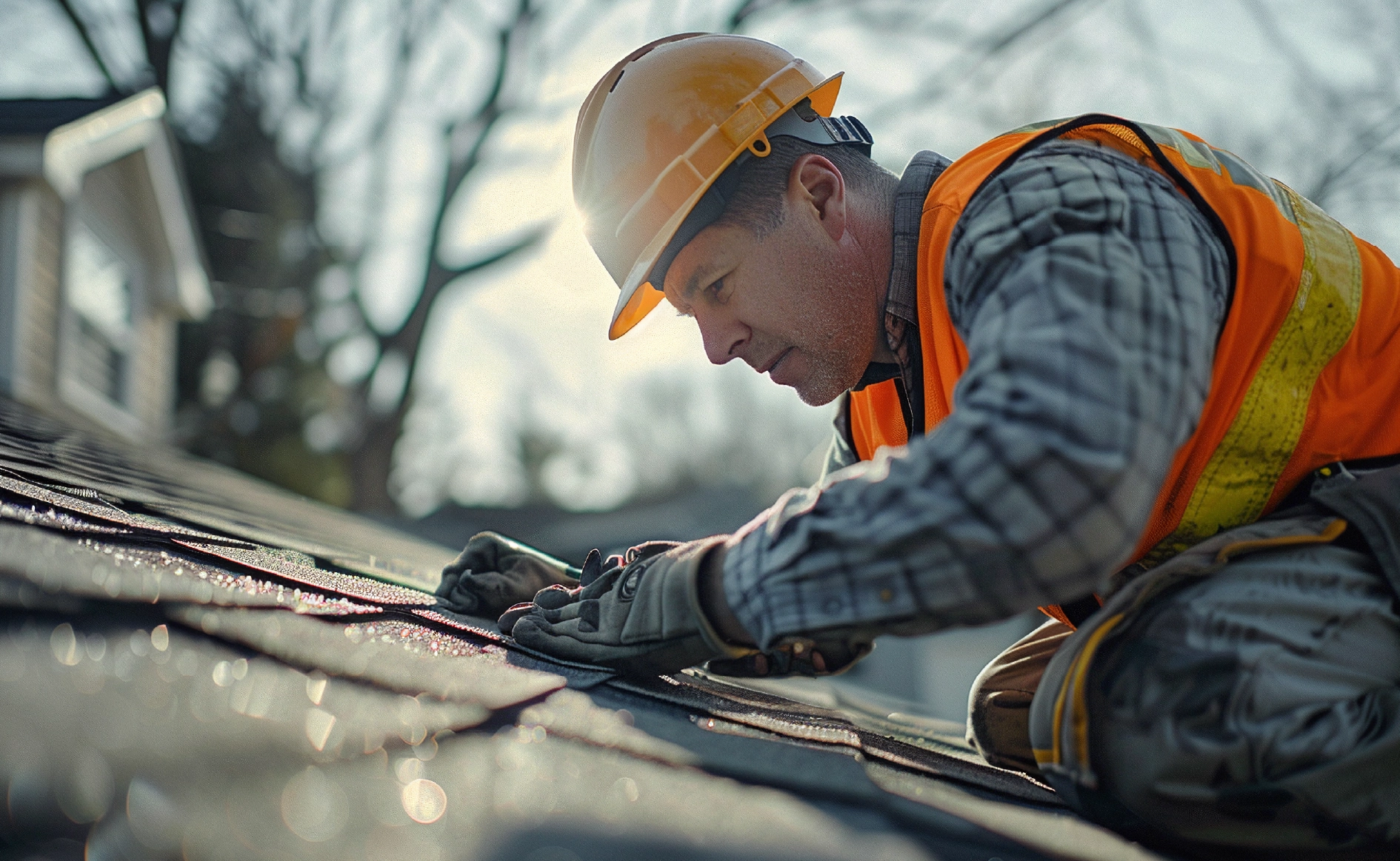 Roofer leaning close to the shingles of a roof to provide an inspection.