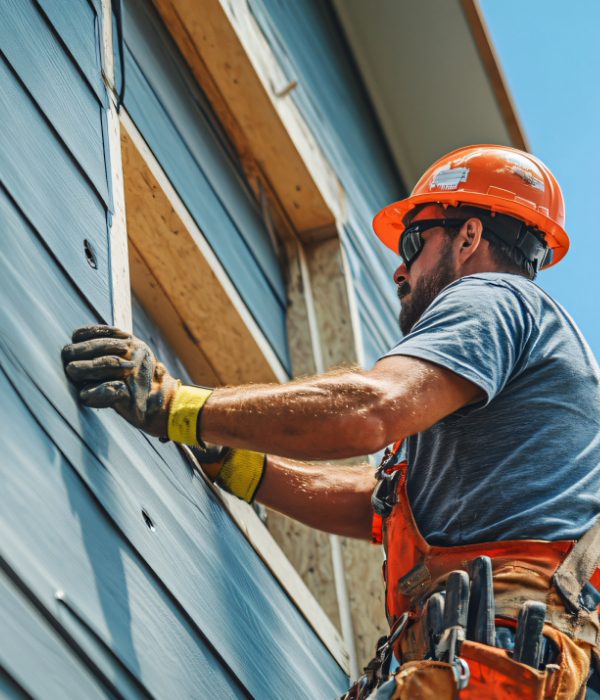 A construction worker in an orange helmet installs siding on a building, showcasing skilled home restoration services. His toolbelt holds various tools, and he wears a gray shirt.