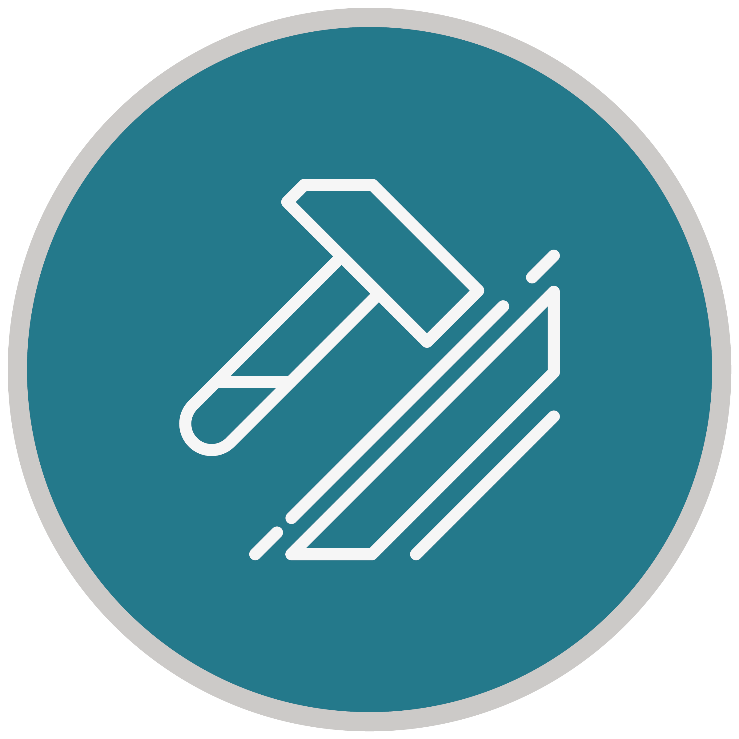 A blue circular icon of a hammer repairing damage.