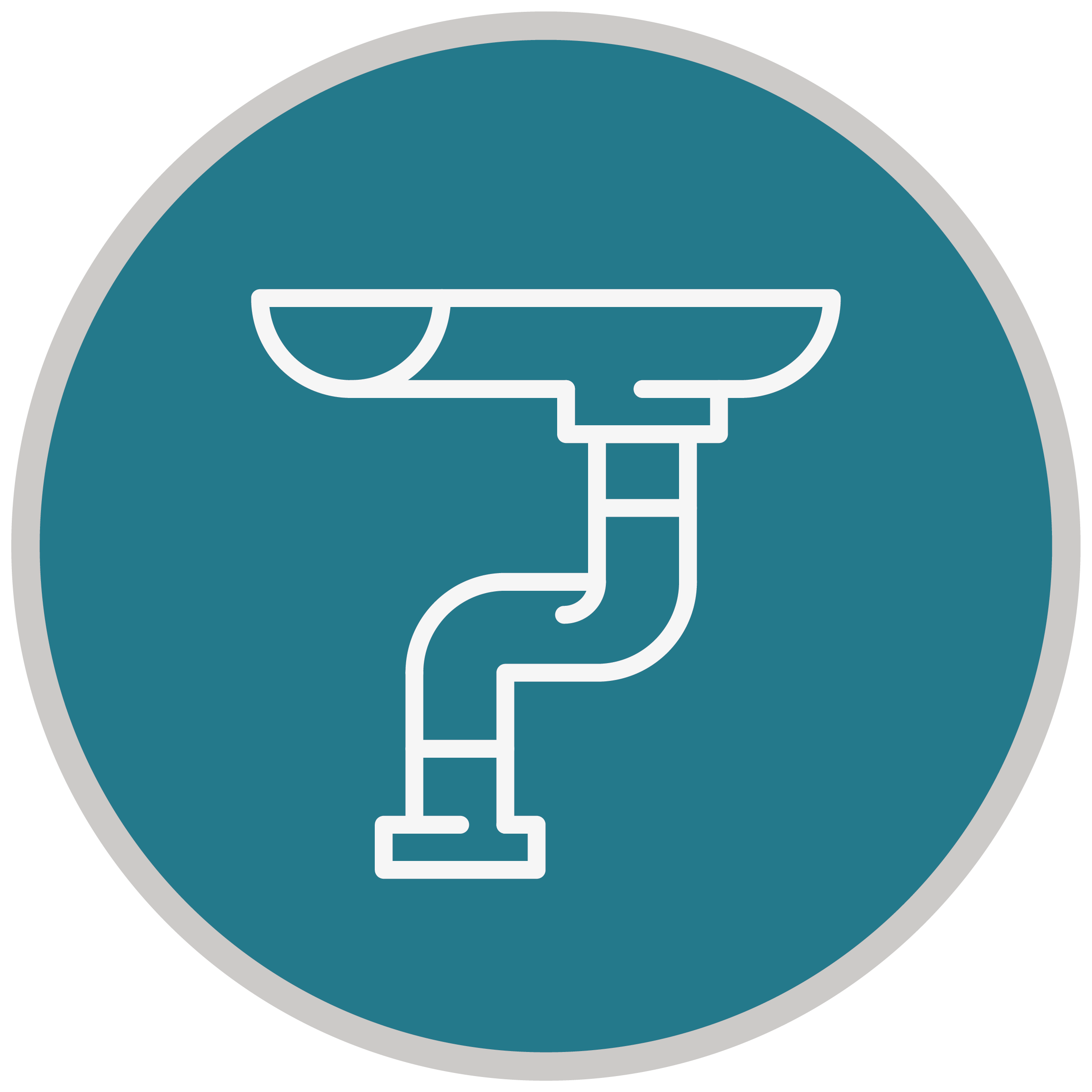 A blue circular icon of a gutter system.