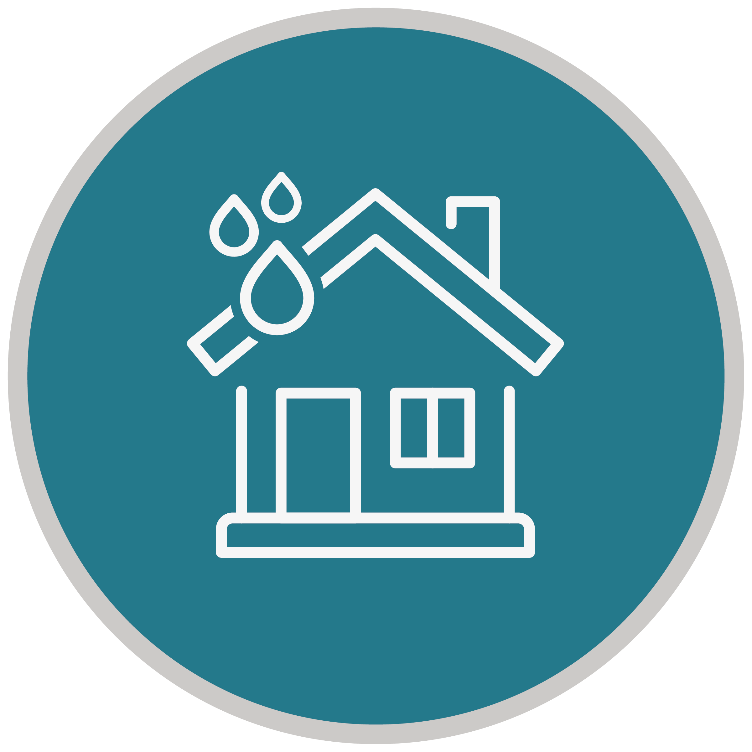 A blue circular icon of a house with water droplets, symbolizing a leak through the roof.