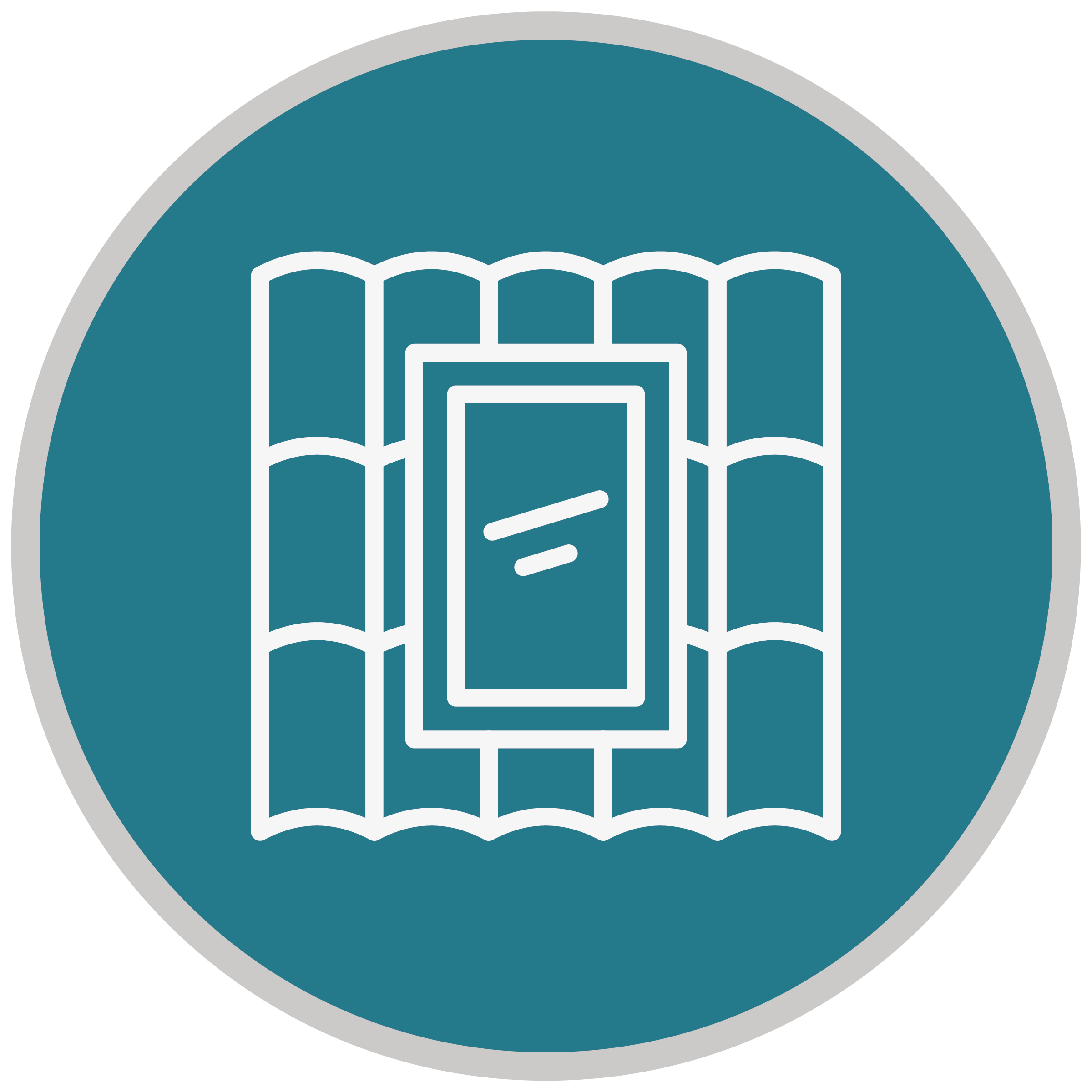 A blue circular icon of a skylight in a roof.